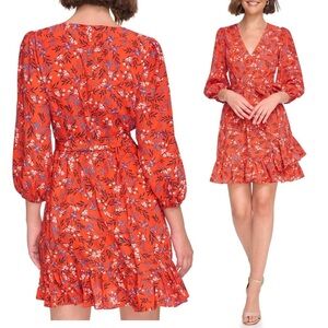 Eliza J Floral 3/4 Sleeve Faux Wrap Dress in Red